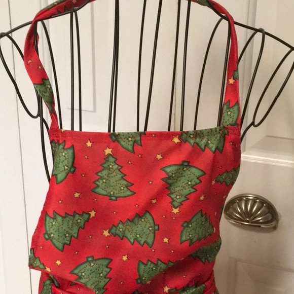 Christmas Apron handmade red with green trees - Picture 2 of 5